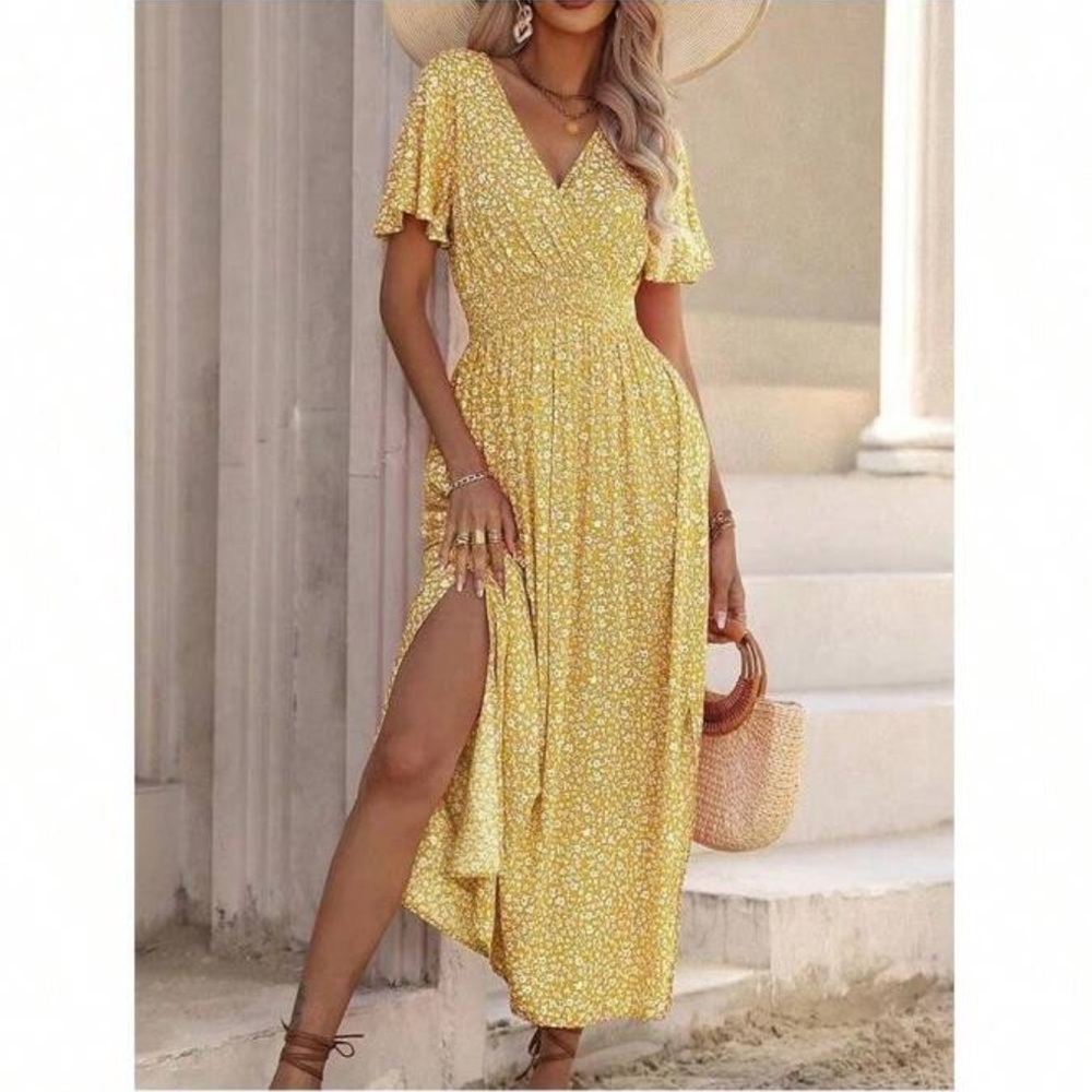 V neck flutter sleeve boho floral print maxi dress pink - Picture 6 of 6